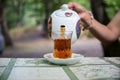 Eastern black tea in glass on a eastern carpet. Eastern tea concept. Armudu traditional cup. Sunset background. Selective focus Royalty Free Stock Photo