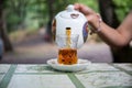 Eastern black tea in glass on a eastern carpet. Eastern tea concept. Armudu traditional cup. Sunset background. Selective focus Royalty Free Stock Photo