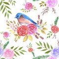 Eastern bluebird or Sialia sialis on seamless rose pattern watercolor background