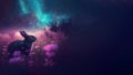 Cute Eastern bunny background banner illustration in colorful blue galaxy fantasy style, by generative AI