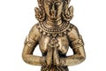 Eastern deity goddess fairy or angel praying with folded hands in front of his chest. bronze gold figurine close up, isolyate