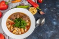 Eastern dish Lagman. Noodles, beef, blue, pepper, tomatoes.