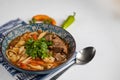 Eastern dish Lagman. Noodles, beef, blue, pepper, tomatoes.