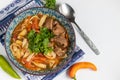 Eastern dish Lagman. Noodles, beef, blue, pepper, tomatoes.