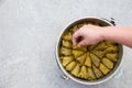 Eastern dish made with rice and herbs stuffed inside grape leaves.