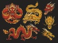 Eastern dragons set emblems colorful