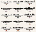 Eastern and Southern Europe cities silhouettes skylines vector set