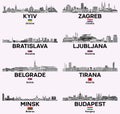 Eastern Europe cities skylines in grey scales color palette vector set