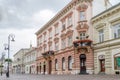 The historic center, the main street, the beginning of the 19th and 20th centuries. Slovakia, Kosice. Colored buildings, lanterns,