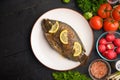 Eastern or European cuisine, Fried fish with fresh vegetables, on a wooden black background. I also eat healthy food. Seafood, Royalty Free Stock Photo