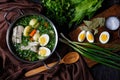 Eastern European dish: green borscht, flat lay