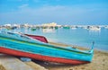 Alexandria`s seascape with blue boat, Egypt