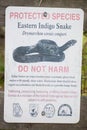 Eastern Indigo snake - Drymarchon corais couperi - Protection Sign Sansavilla WMA Endangered Species Act posted on fence in