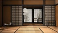 Eastern interior design, open space, orange empty room, futon, tatami, wooden roof, rice paper door, traditional tearoom, carpet,