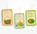 Eastern labels in vintage style with eastern eggs, eastern basket, bunny, grass. Vector illustration.