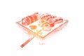 Eastern lunch, seafood restaurant menu, sushi plate, tuna rolls with rice, salmon maki and chopsticks
