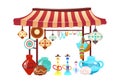 Eastern market tent with handcrafted souvenirs cartoon vector illustration