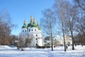 Eastern orthodox crosses on gold domes - St Nicholas Church in Nizhyn, Ukraine. Ukrainian Baroque or Cossack Baroque Royalty Free Stock Photo