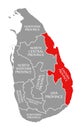 Eastern Province red highlighted in map of Sri Lanka