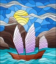 Stained glass illustration with Eastern ship with light sails on the background of sky, sun and rocky shores