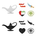 Eastern shoes, dagger, the heart of the emirates,Palm Jumeirah.Arab emirates set collection icons in cartoon,black style