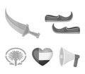 Eastern shoes, dagger, the heart of the emirates,Palm Jumeirah.Arab emirates set collection icons in monochrome style