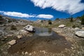 Eastern Sierra Nevada backcountry trail with pond in foreground. High elevation altitude Royalty Free Stock Photo