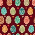 Eastern sketch eggs. Vector illustration. Vector seamless pattern with colorful eggs on BROWN background