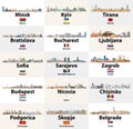 Eastern and Southern Europe cities skylines illustrations with countries flags vector set