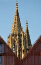 Eastern steeples of Ulm minster towering over modern gables