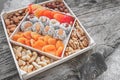 Eastern sweets dried fruits and nuts in a wooden box. Background. Healthy vegan food. Natural food Royalty Free Stock Photo