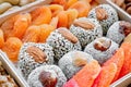 Eastern sweets dried fruits and nuts in a wooden box. Background. Healthy vegan food. Natural food Royalty Free Stock Photo