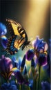 An Eastern Tiger Swallowtail butterfly and Irises flowers