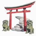 Eastern traditional composition. Gates with stone stairs and sculptures foo dog. 3D render Chinese Torii Arch