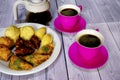 Eastern Turkish sweets baklava and cup of coffee Royalty Free Stock Photo