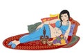 Eastern woman lying on the carpet