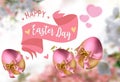 Easter pink eggs floral poster yeallow pink white green with text letter copy space holiday banner template greetings card