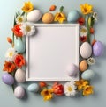 Easters and flowers spread around the white copy space frame. Top down view
