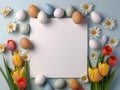 Easters and flowers spread around the white copy space frame. Top down view