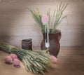 Easters still life from painted eggs and clayware. Royalty Free Stock Photo