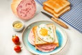 Easy breakfast - fried egg on sandwich with sausage on plate with tomatoes, mustard, ham, toast.