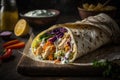 easy chicken shawarma wrap with yogurt sauce, slaw, and pickles