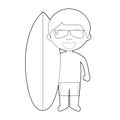 Easy coloring cartoon character from Australia dressed in the traditional way as a surfer with his surfboard. Vector Illustration