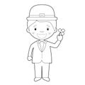 Easy coloring cartoon character from Ireland dressed in the traditional way with a clover. Vector Illustration