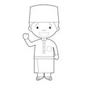 Easy coloring cartoon character from Malaysia dressed in the traditional way Vector Illustration