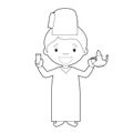 Easy coloring cartoon character from Morocco dressed in the traditional way with a tea set. Vector Illustration