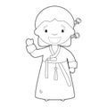 Easy coloring cartoon character from South Korea dressed in the traditional way with hanbok. Vector Illustration