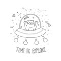 Easy coloring page of space, cat astronaut in rocket. Cute coloring page for kids. Children game, toddler activity.