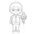 Easy coloring watchmaker cartoon character from Switzerland with cuckoo clock. Vector Illustration