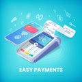 Easy contactless payment via smartphone isometric banner concept. 3d payment machine and mobile phone with credit card Royalty Free Stock Photo